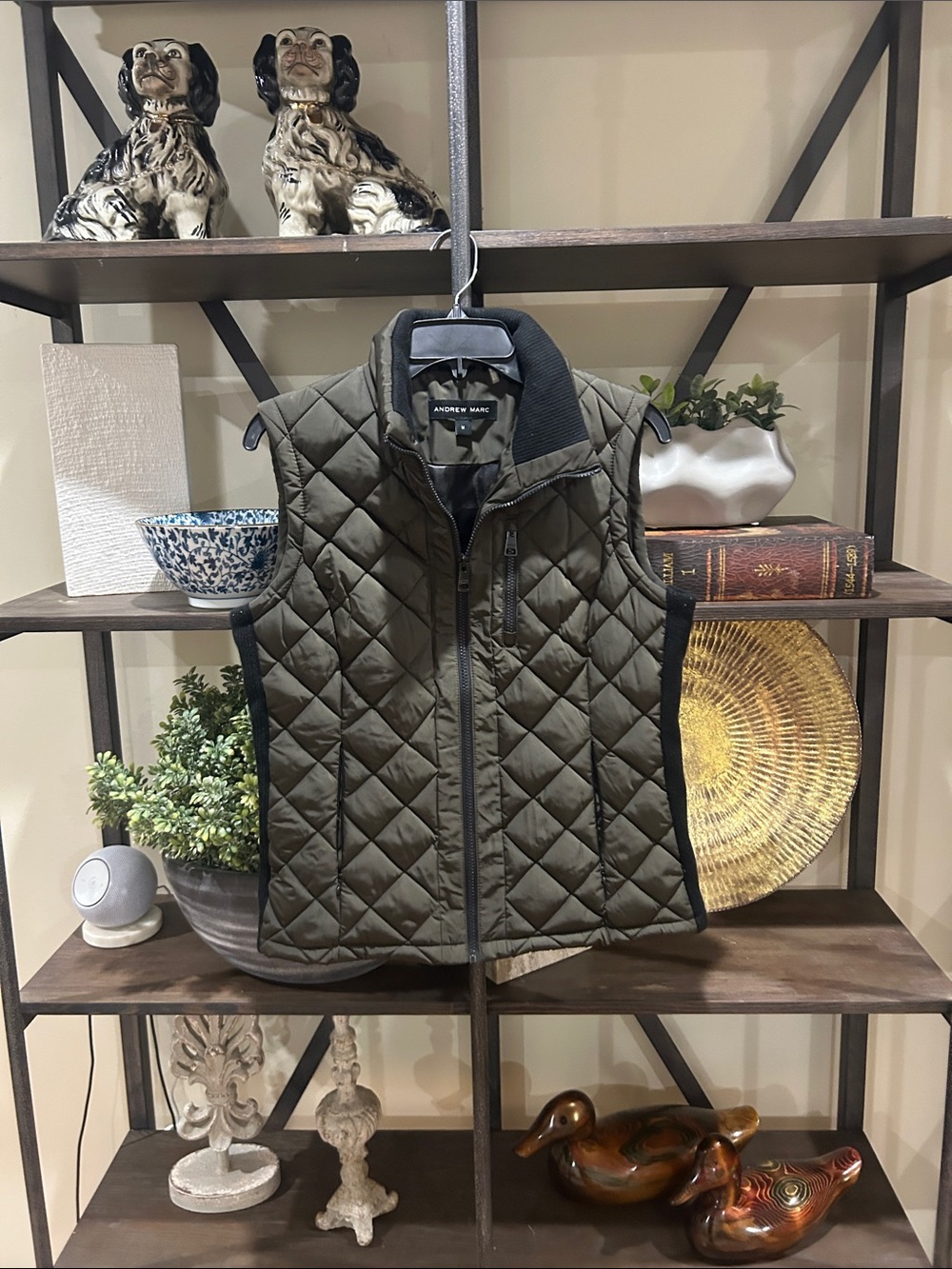Andrew Marc Quilted Olive Men's Puffer Vest with Black Trim medium